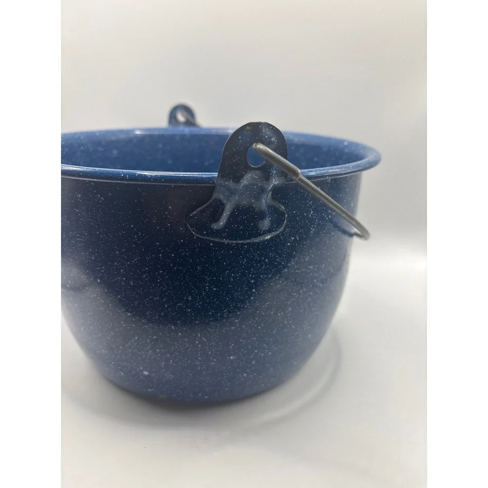 Vintage Blue Speckle Enamelware Pot Wire Bail Handle Graniteware Farmhouse Decor